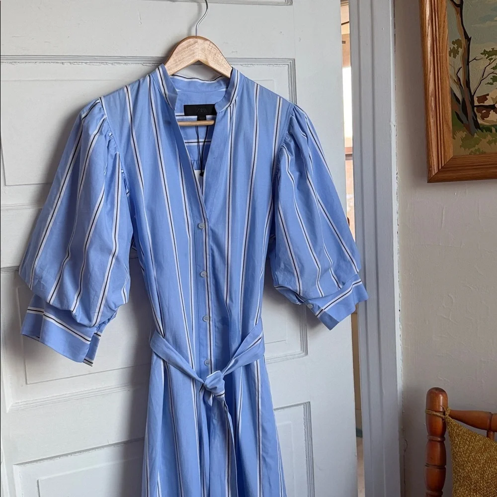 Zara ZW Blue Striped Belted Shirt Dress Puff Sleeves 100% Cotton Buttons NWT XS - Picture 2 of 15